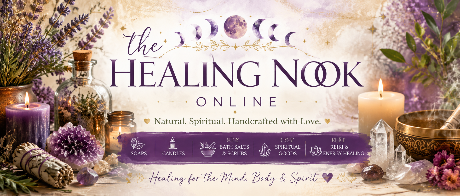 The Healing Nook Online is a welcoming space where nature, spirituality, and handcrafted artistry come together. We offer thoughtfully created products including handcrafted soaps, beeswax candles, luxurious bath salts, skincare, crystals, and spiritual tools designed to inspire peace, balance, and self-care.  Whether you're looking to create a calming home, support your spiritual journey, or find a meaningful handmade gift, you'll discover products crafted with quality ingredients, intention, and care.   Thank you for visiting The Healing Nook Online. We are honored to be part of your journey toward healing, relaxation, and personal growth.